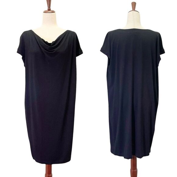 Eileen Fisher Drape Front Dress Black Short Sleeve Shift Size Medium Made in USA - Picture 11 of 11
